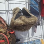 Furry hat hanging on display rack.