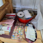Box of sewing supplies with thread spools