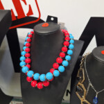 Double-strand red and blue beaded necklace