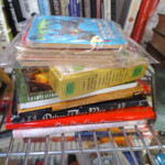 Stack of assorted books on metal shelf