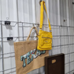 Yellow crossbody bag and burlap tote bag